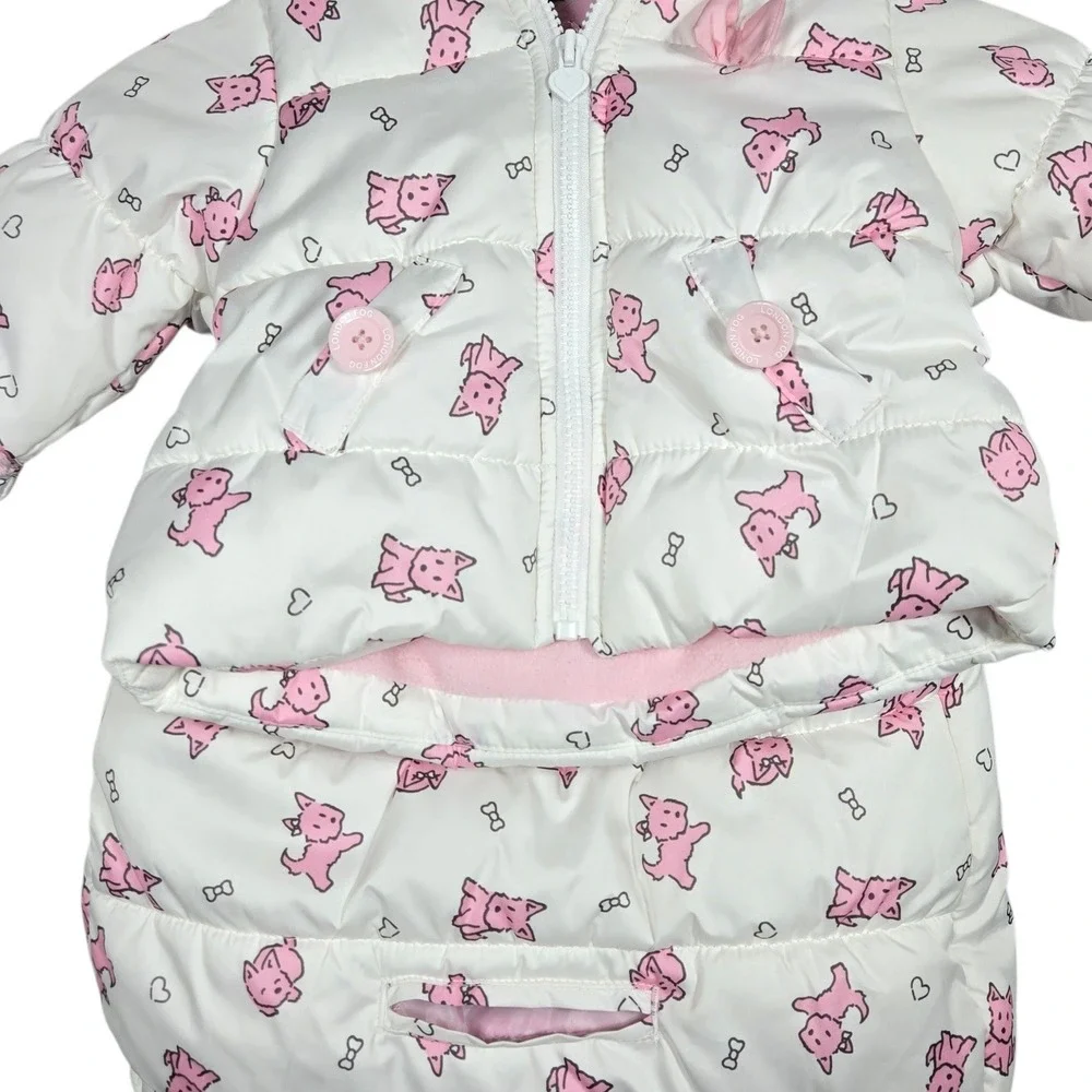 London Fog Puffer Bunting Bag Baby Girls 0-6M White Pink Dog Print Fleece Pram